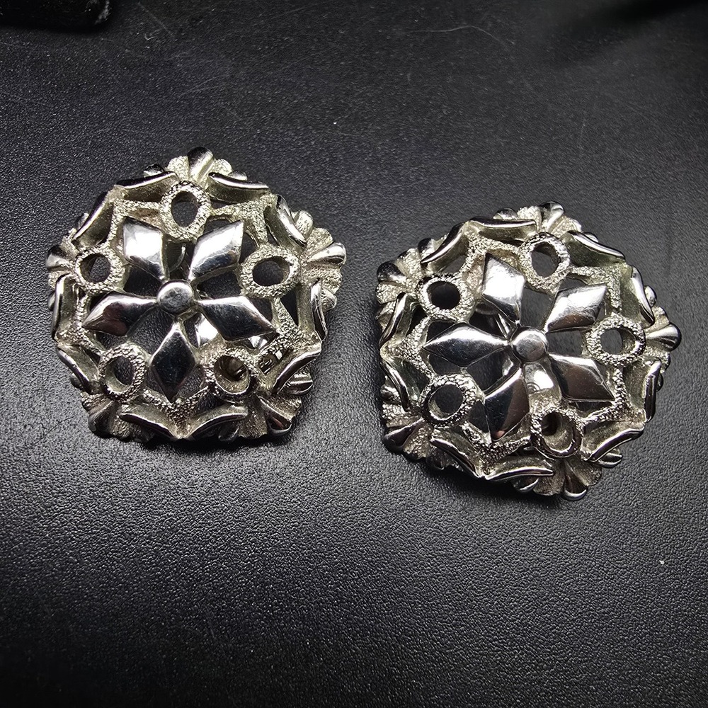 Monet Silver Tone Clip On Earrings Filigree Statement Vintagew